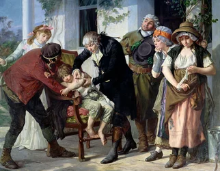 Edward Jenner (1749-1823) realizando la primera vacunación contra la viruela en 1796, 1879 (detalle)